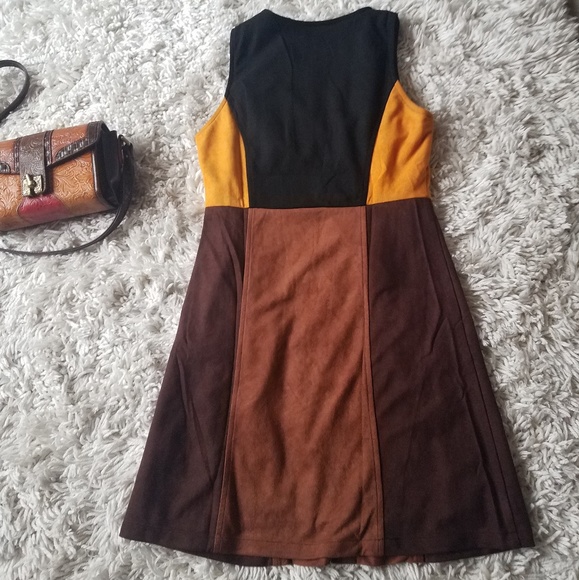 Color block, faux suede, 70's sytle mini/midi dress - Picture 4 of 7